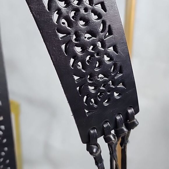 Vtg Whimsigoth Corset Style Leather Black Tie Belt Size L - Picture 10 of 10